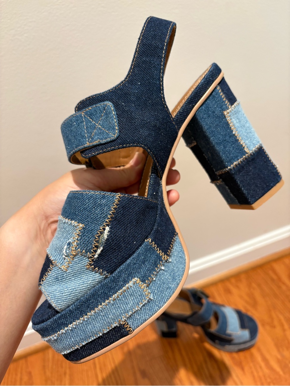 See by Chloé Denim Patchwork Block Heel Platform Sandals Sz 39 * - Picture 3 of 14